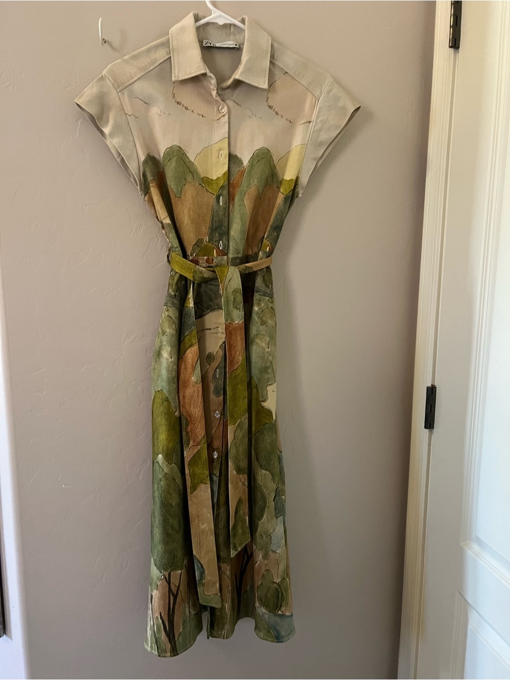 Zara Button-Front Belted Midi Dress in Olive & Tan